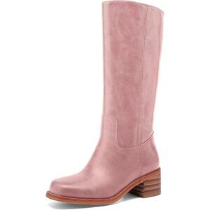 Women's Pink Knee High Boots Square Toe Chunky Block Heel Long Boots